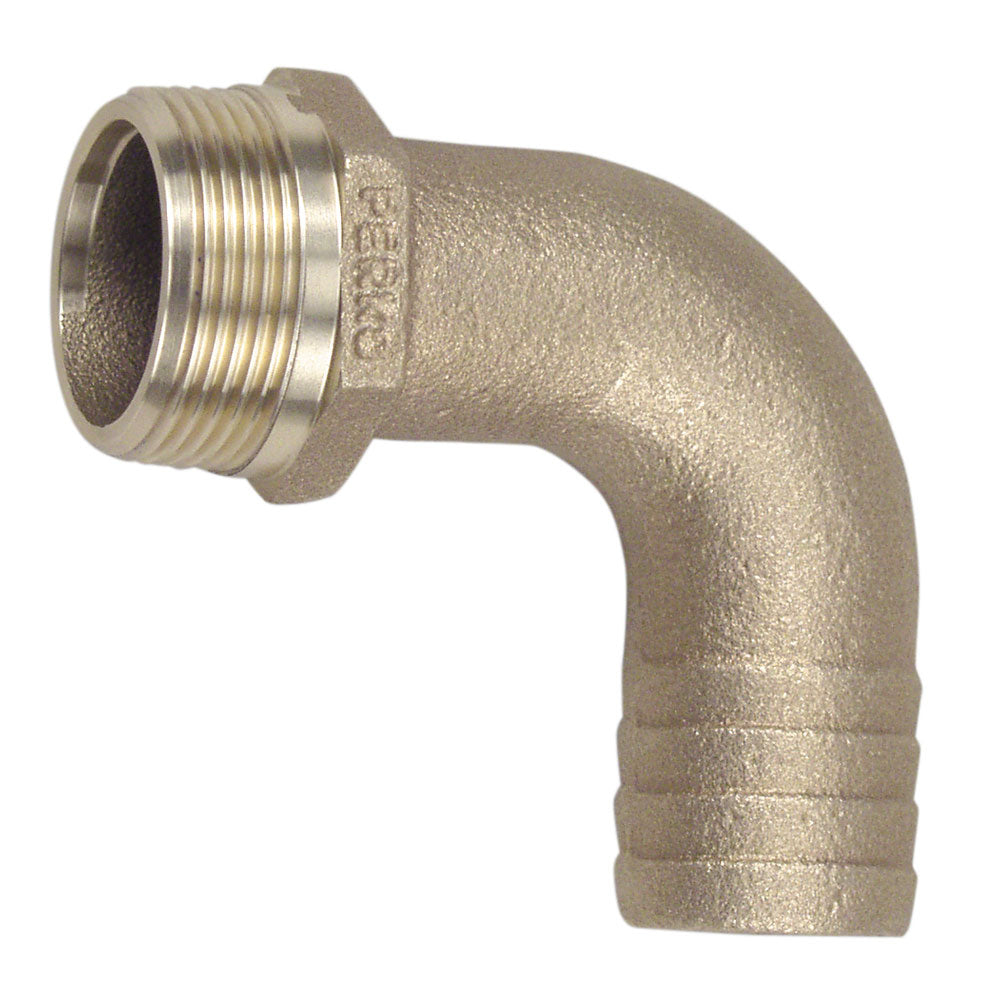 Perko 3/4-inch bronze pipe to hose adapter fitting with 90-degree angle, made in the USA, for plumbing applications.