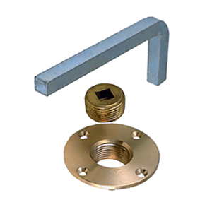 Perko Garboard Drain Plus fitting with steel wrench, marine boat fitting for hull drainage, black plastic and metal components.
