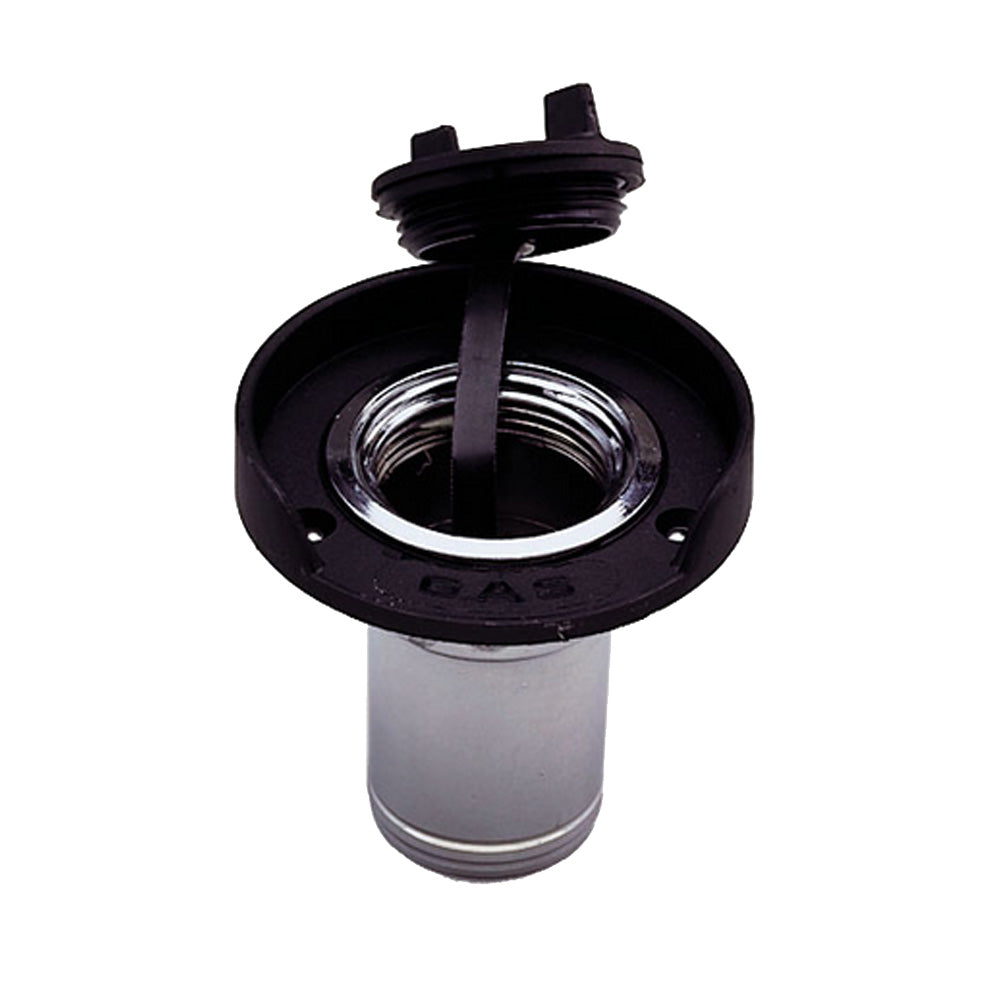 Perko gas fill fitting for 1-1/2 inch hose, chrome-plated zinc with black flange, marine boat fitting for fuel tanks.