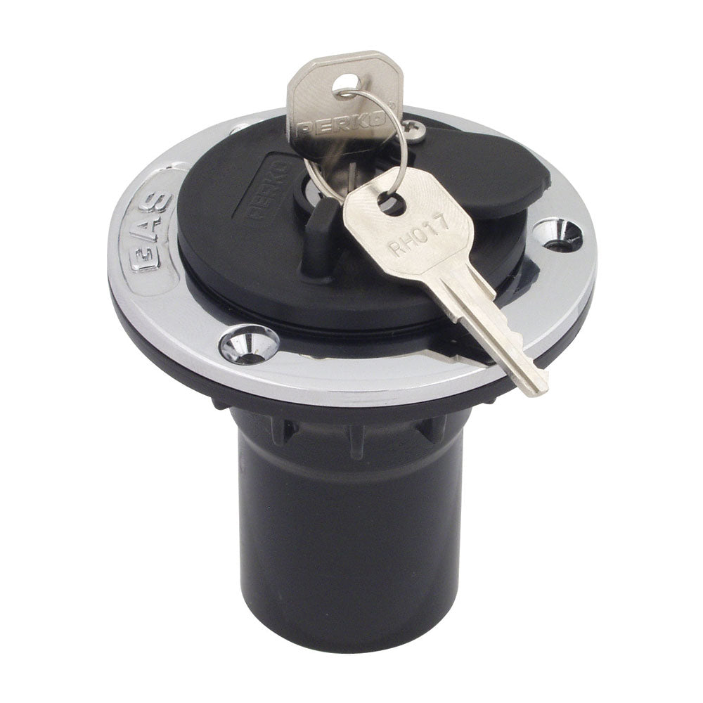 Perko gas fill fitting with locking cap for 1-1/2 inch hose, marine fuel fitting, durable metal construction