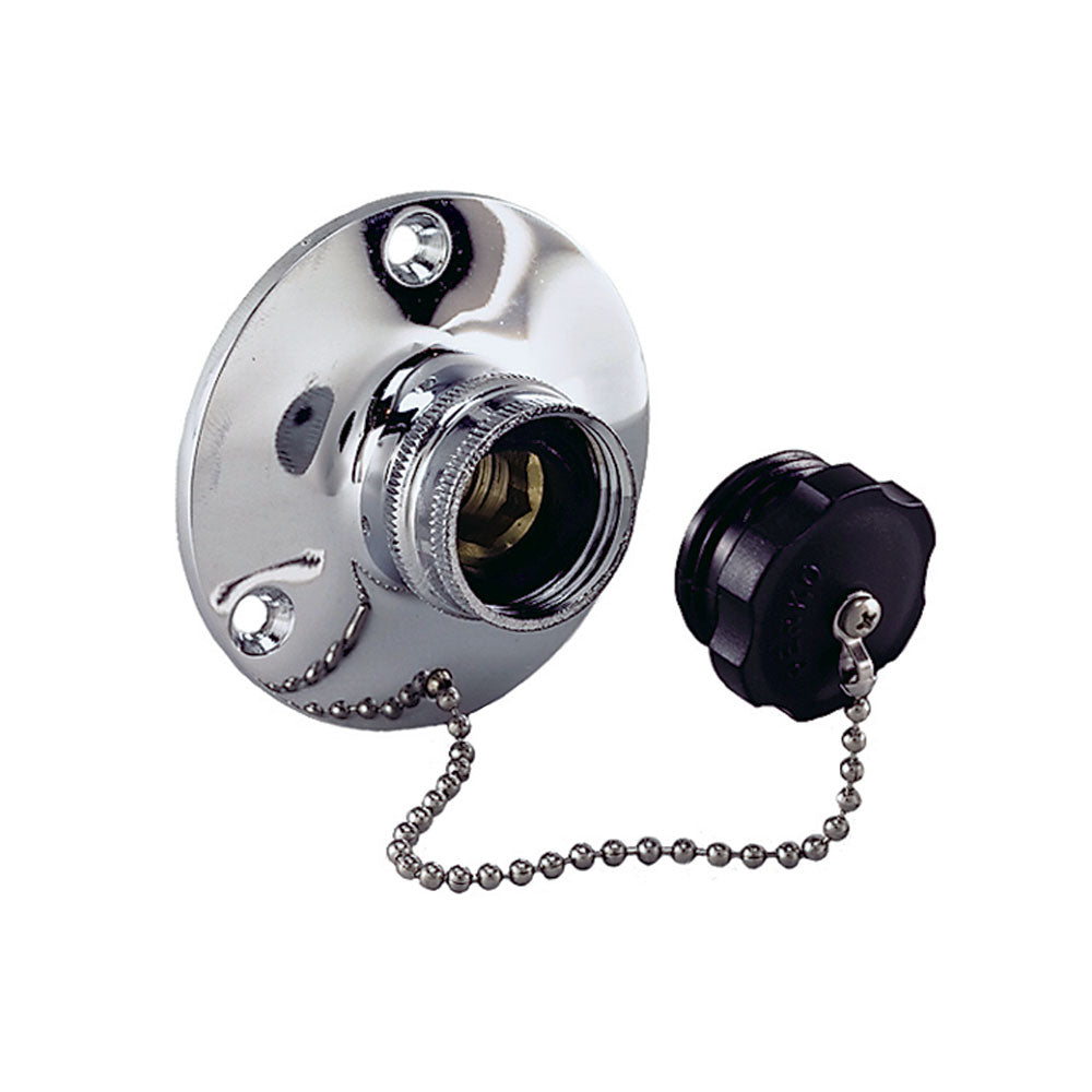 Perko water inlet fitting with plug for marine plumbing, durable fitting with secure connection.