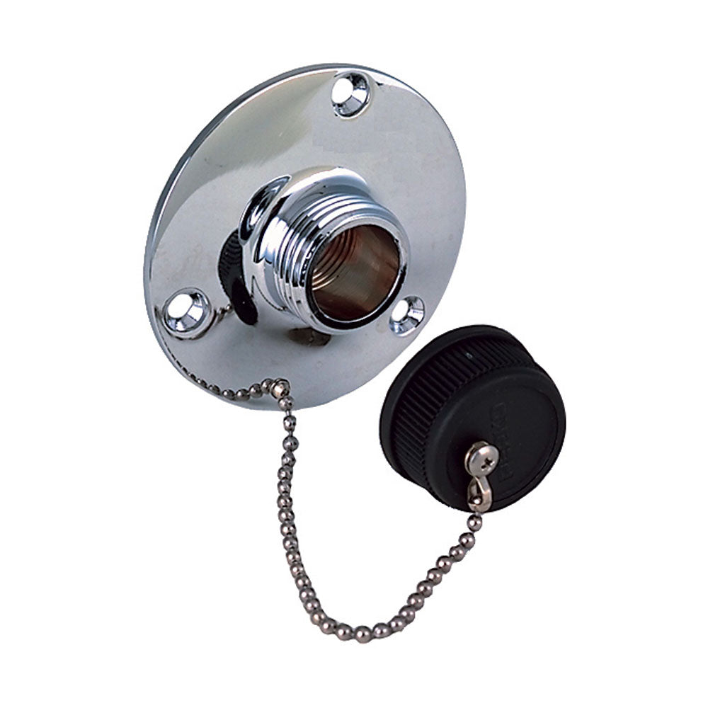 Perko water outlet fitting with cap, marine-grade fitting for water systems, shown with attached cap for secure closure.
