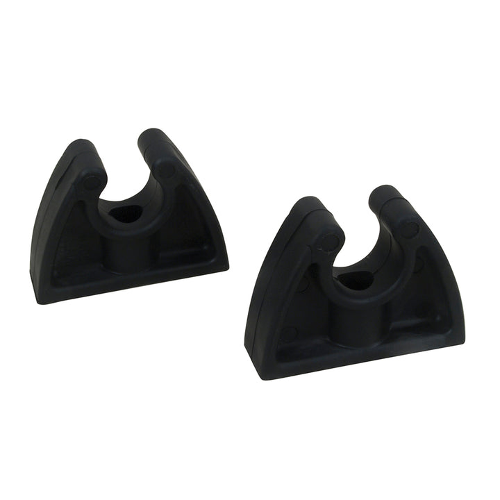 Pair of black Perko pole storage clips, hooks and clamps for securing items on poles, shown in a close-up image.