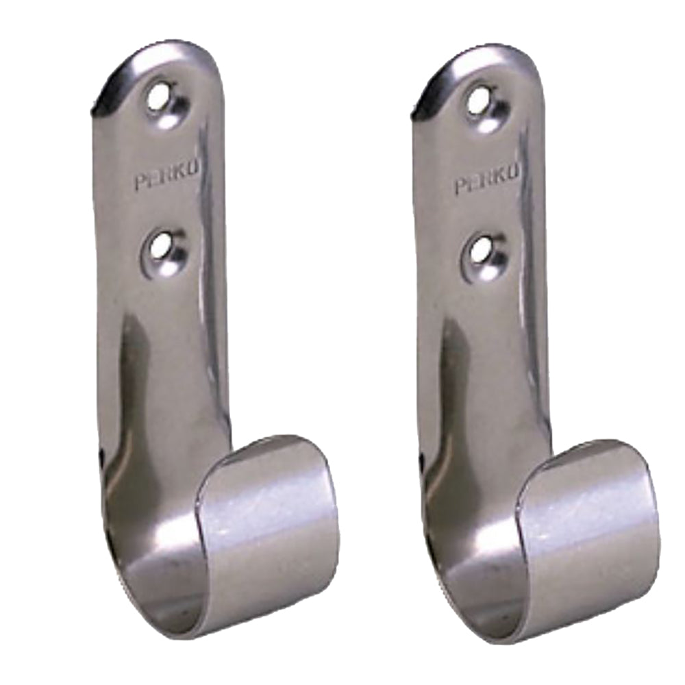 Pair of Perko stainless steel boat hook holders, durable hooks and clamps for marine organization and secure attachment.