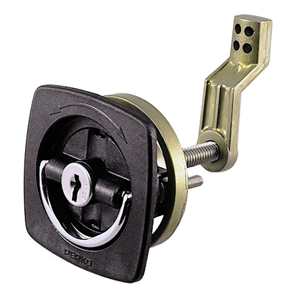 Perko black flush lock latch with 2.5-inch size, offset cam bar, flexible polymer strike, suitable for marine or industrial use