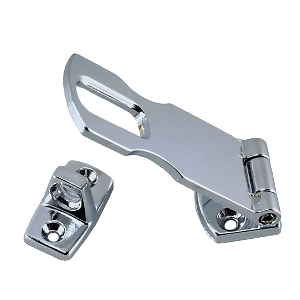 Chrome-plated zinc latch by Perko, 3-inch hasp with secure locking mechanism for durable fastening and security.