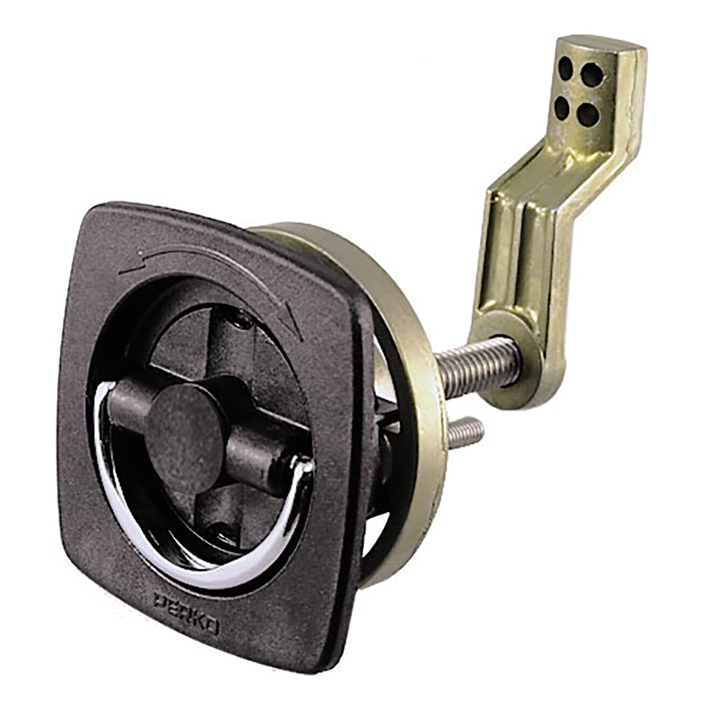 Perko non-locking flush latch with 2.5 x 2.5 inch size, offset cam bar, flexible polymer strike, suitable for marine or industrial use.