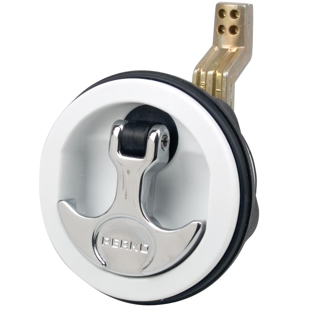 Perko flush surface mount latch with offset cam bar in white, designed for 2.5-inch hole applications.