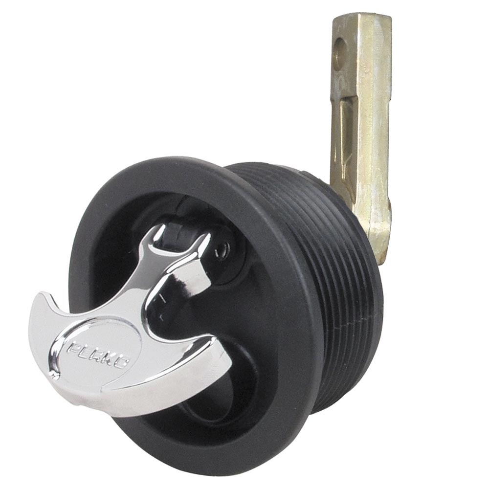 Black Perko flush mount latch with straight cam bar, designed for 2.5-inch holes, suitable for secure boat or equipment doors.
