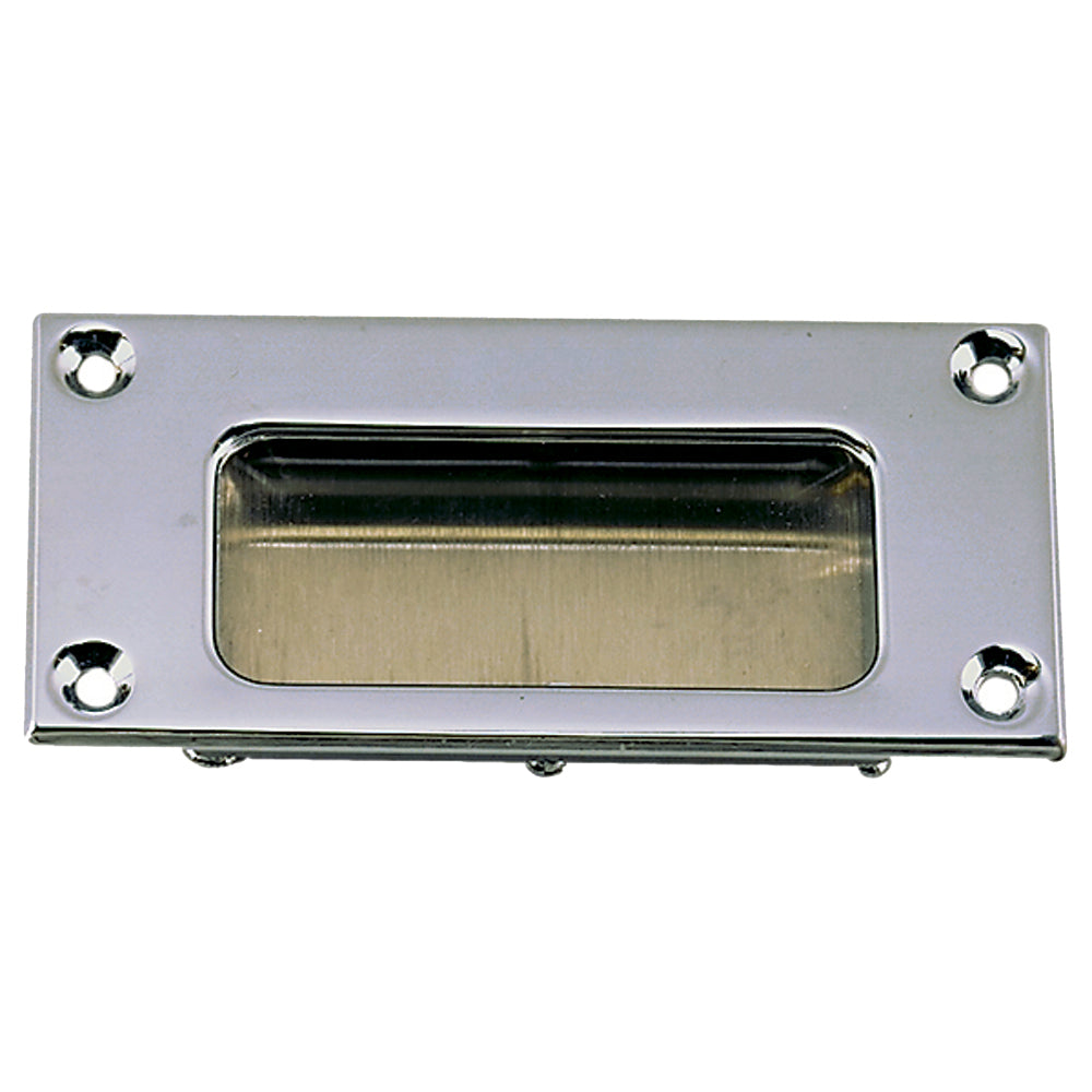 Chrome plated zinc Perko flush pull latch, showcasing its sleek finish and compact design for cabinetry or furniture installation.