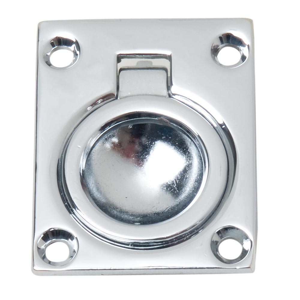 Chrome plated zinc flush ring pull latch by Perko, showing a round ring handle on a sturdy latch mechanism.