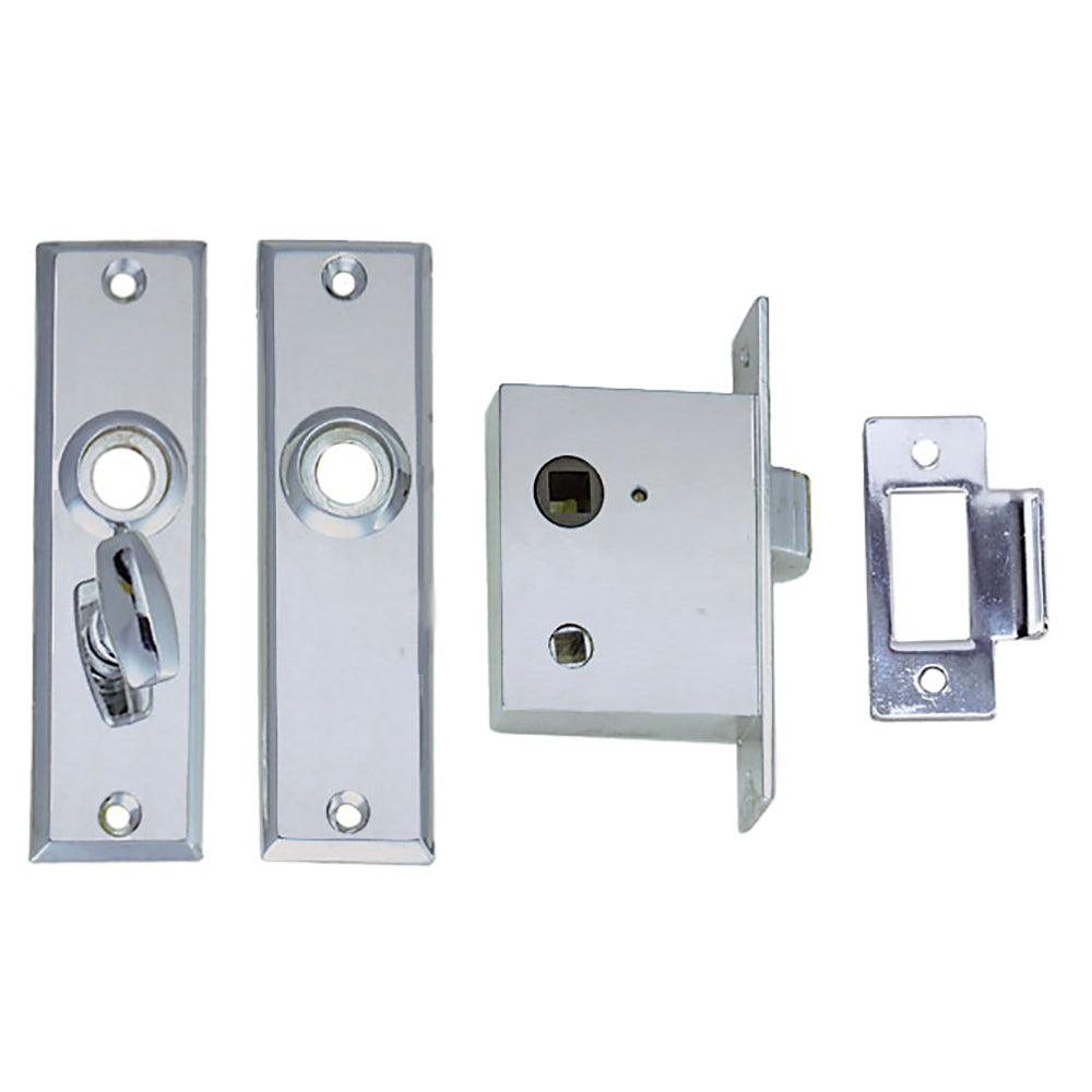 Perko mortise latch set with turn button, showing the latch mechanism and handle for secure door locking.