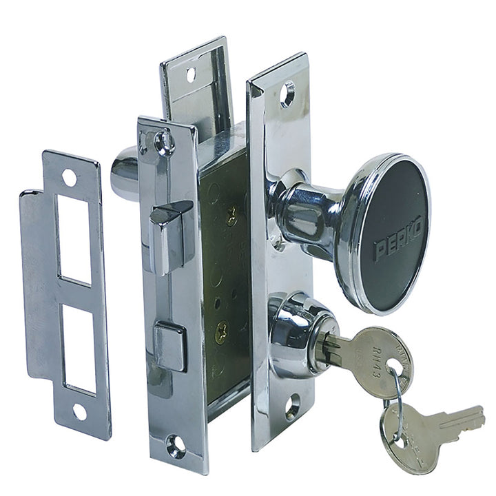 Perko mortise lock set with latch and bolt, featuring a durable metal construction for secure door locking.