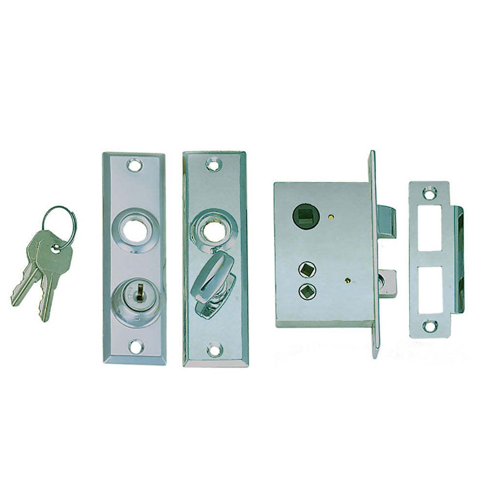 Perko mortise lock set with latch and bolt, installed on a door, featuring a sturdy metal construction and polished finish.