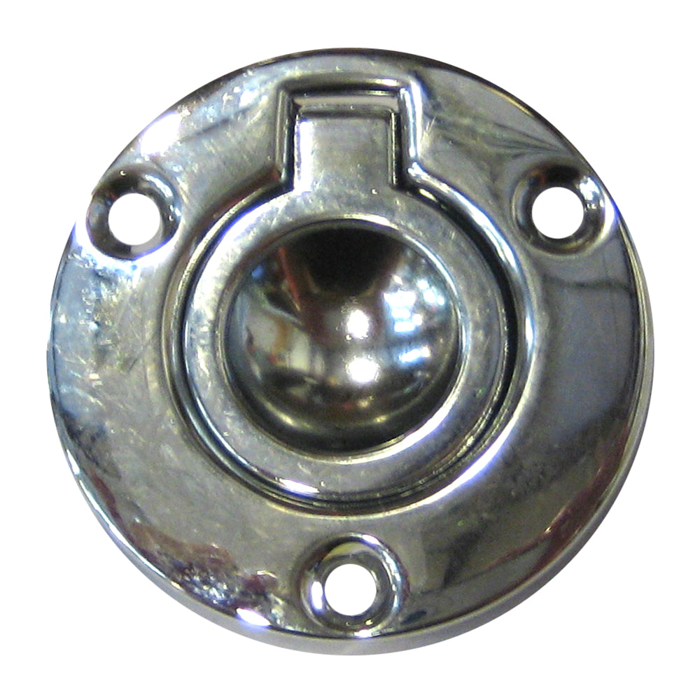 Chrome-plated zinc Perko round flush ring pull latch, 2-inch diameter, designed for secure cabinet or door access.