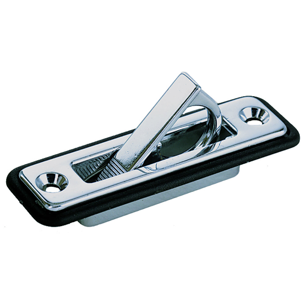 Perko chrome-plated zinc spring-loaded flush pull latch with 3-1/4 inch width, designed for smooth, secure cabinet or panel access.
