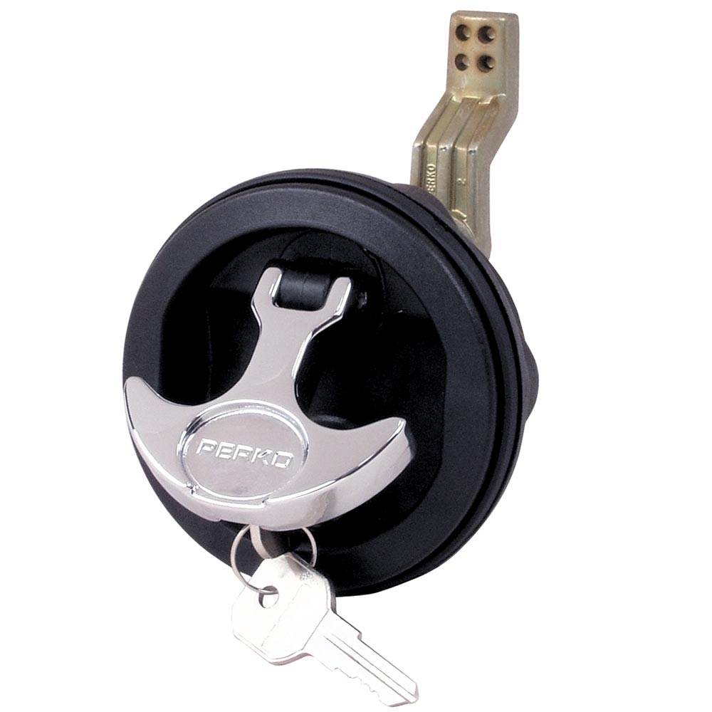 Perko surface mount latch with black body, chrome handle, offset cam bar, 3/4" to 2-3/8" size for secure closure.