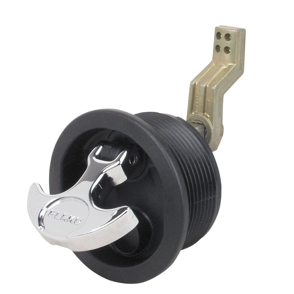 Perko surface mount latch with offset cam bar for smooth, carpeted surfaces, showing the latch mechanism on a boat or cabinet.