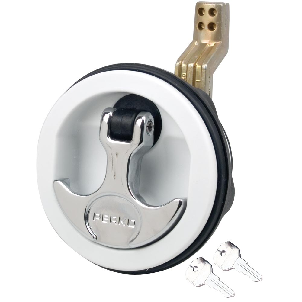 Perko surface mount latch with white body, chrome handle, offset cam bar, suitable for 3/4" to 2-3/8" applications.