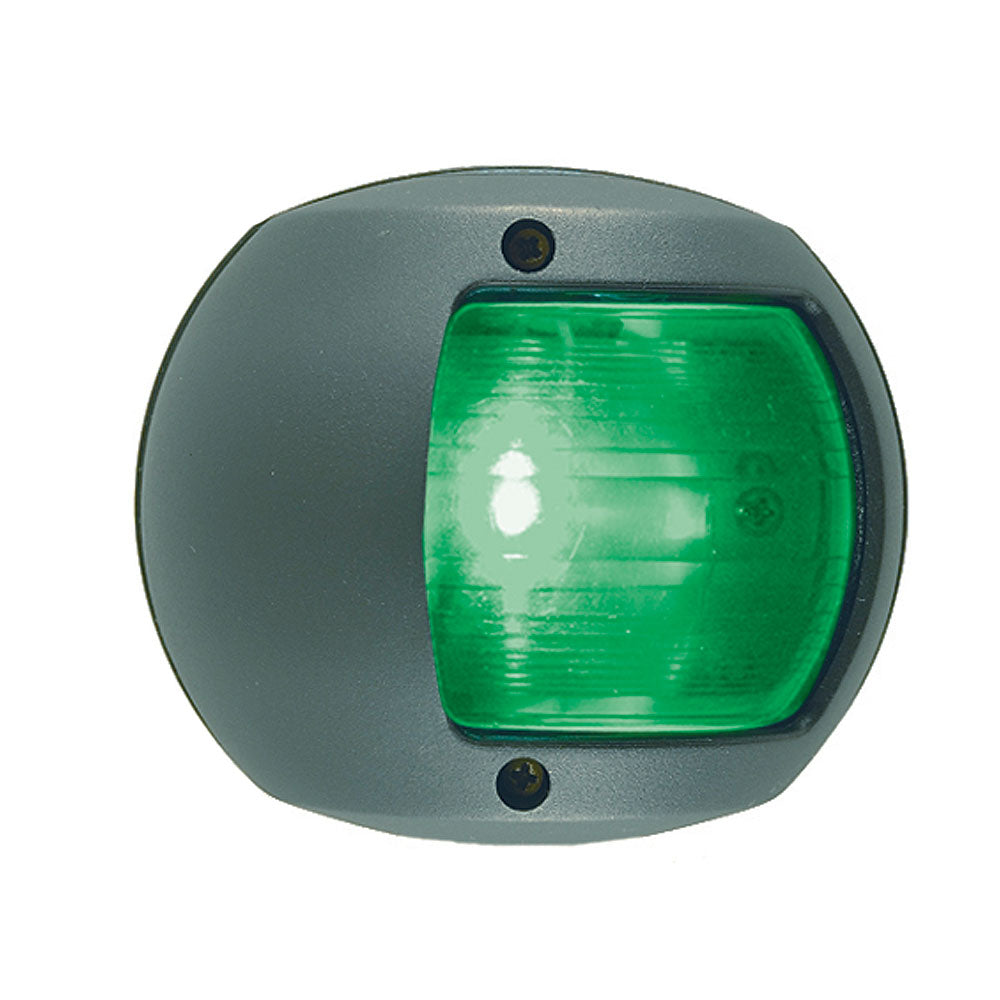Perko LED side navigation light in green, 12V, black plastic housing, used for boat or marine vessel lighting.