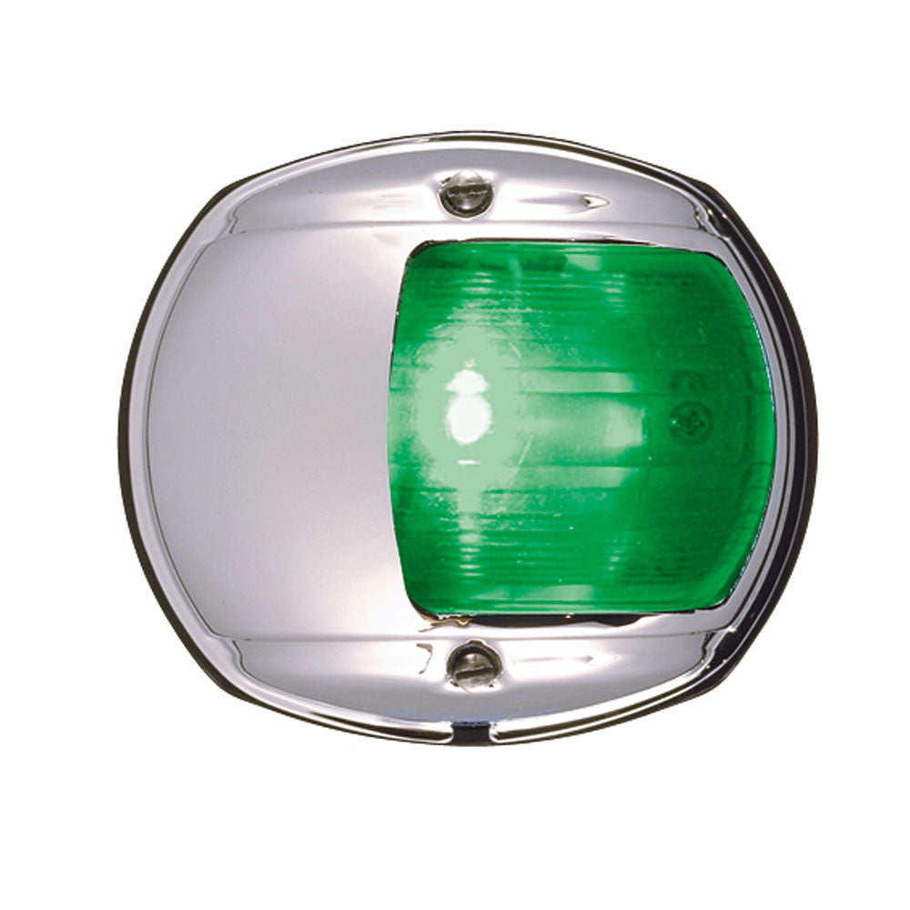 Green Perko LED navigation side light with chrome-plated housing, 12V marine lighting for boats.