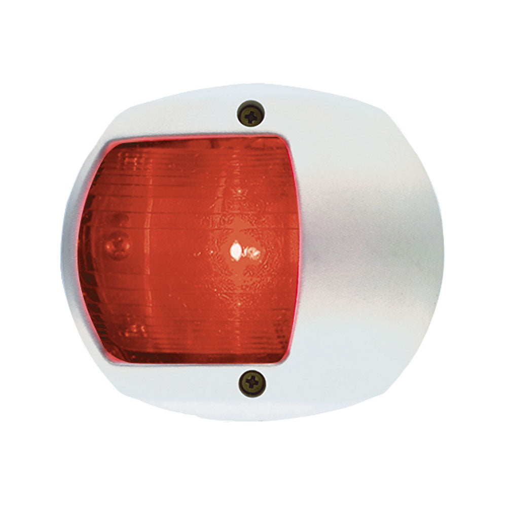 Perko LED side navigation light in red with white plastic housing, designed for 12V marine or boat use.