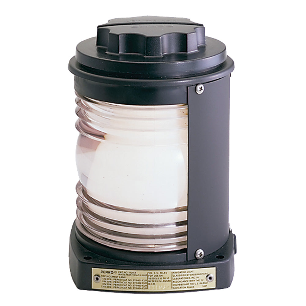 Perko masthead navigation light with black plastic body and white lens, designed for marine boat lighting.