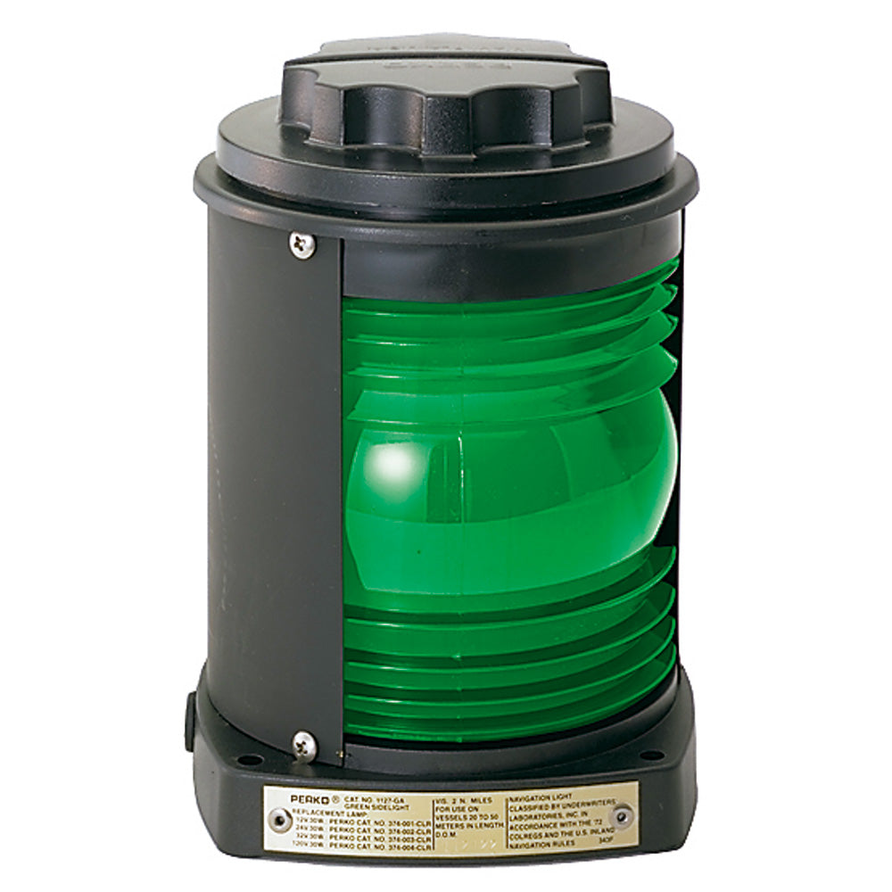 Perko side navigation light with black plastic housing and green lens, used for boat navigation.