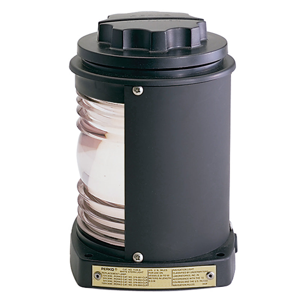 Perko stern navigation light in black plastic with white illumination and gray-tinted lens for boating safety.