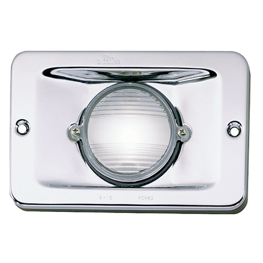 Perko stainless steel vertical mount stern navigation light for boats, showing the compact, durable design with mounting hardware