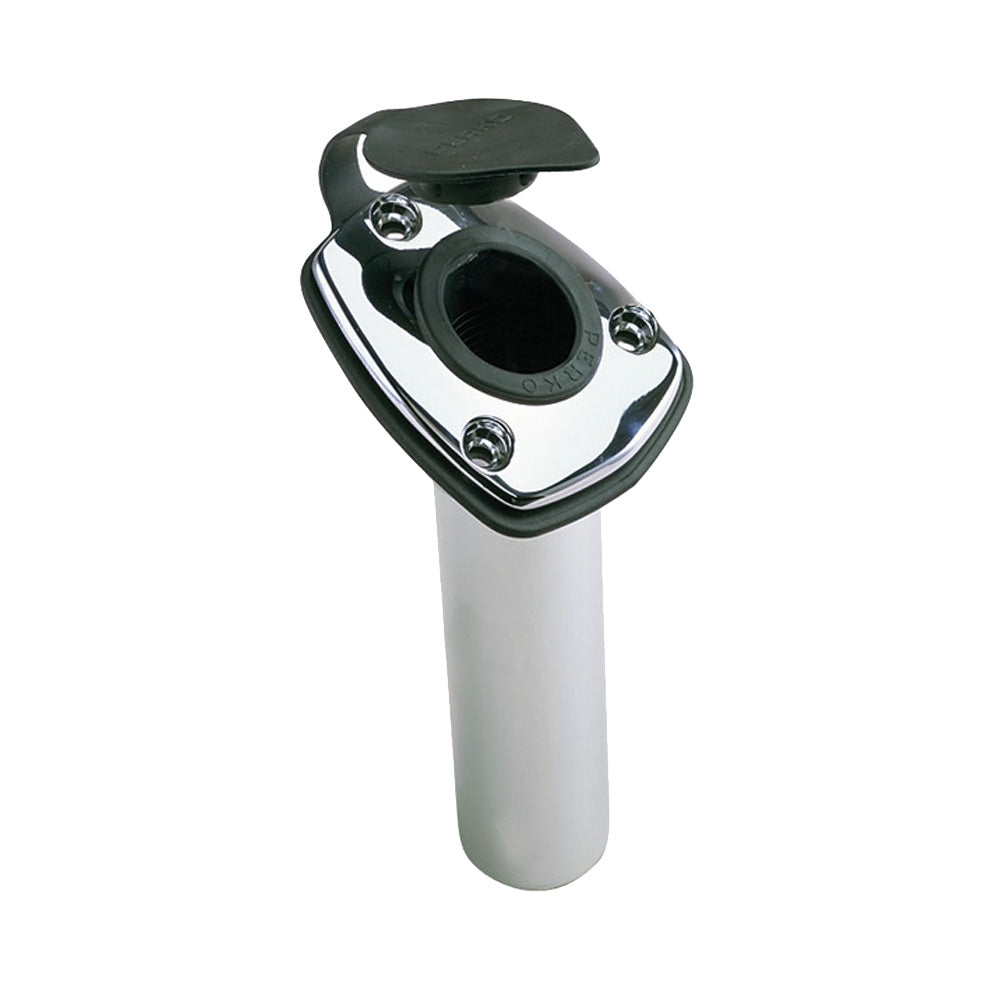 Perko 65° angled flush mount fishing rod holder in chrome-plated zinc, designed for secure boat rod storage.