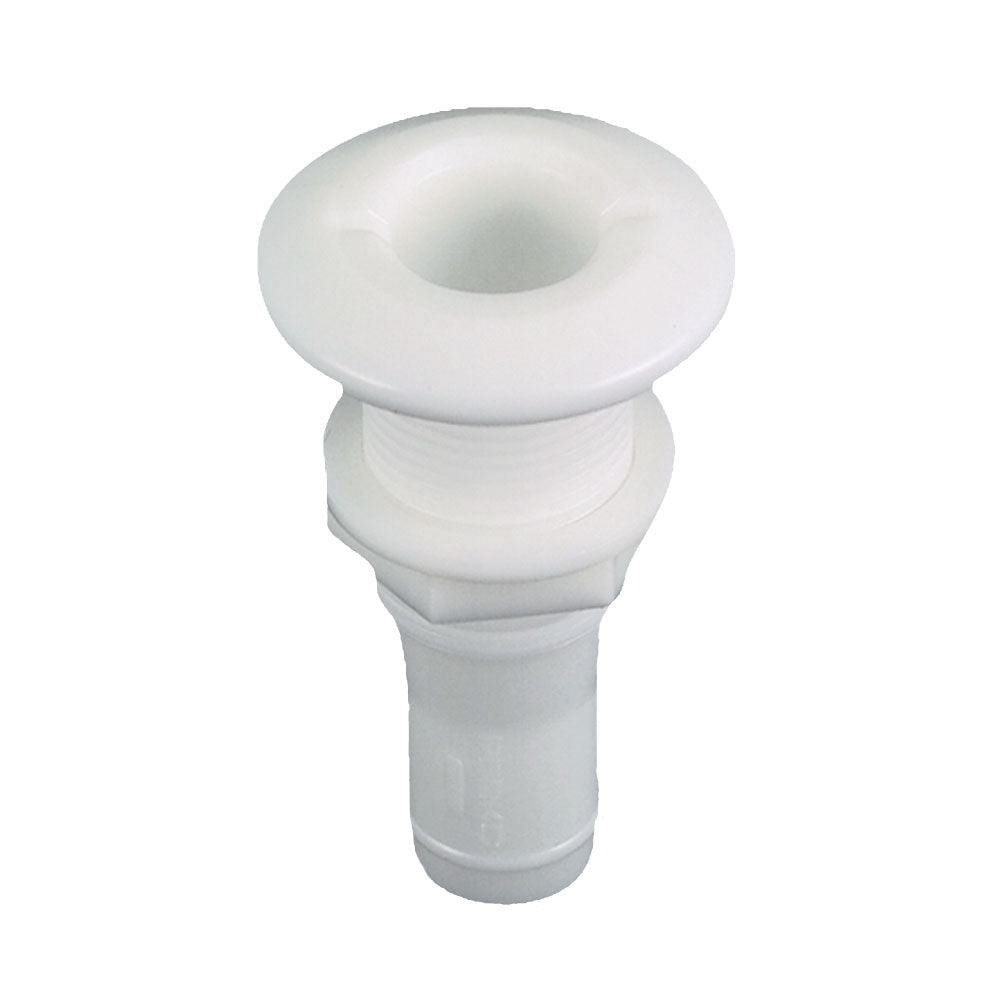 Perko 1/2-inch plastic thru-hull fitting for hoses, USA-made, marine boat fitting with durable construction, installed on boat hull.