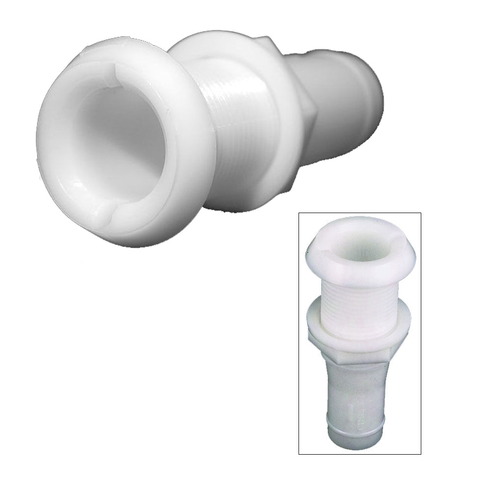 Perko 3/4-inch plastic thru-hull fitting with narrow flange for hose connection, used in marine plumbing systems.