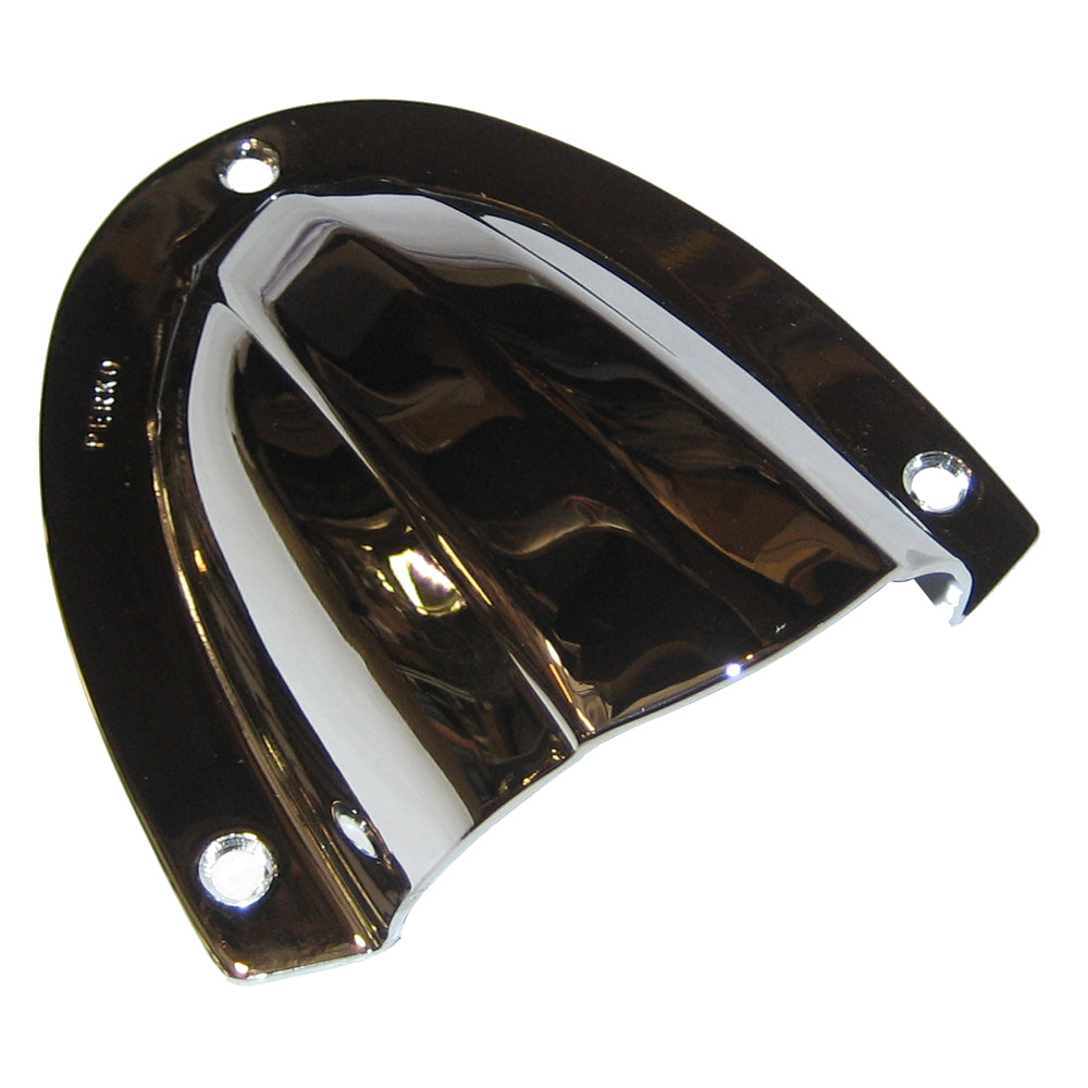 Perko clam shell ventilator in chrome-plated brass, 4 by 3-3/4 inches, designed for marine or venting applications.
