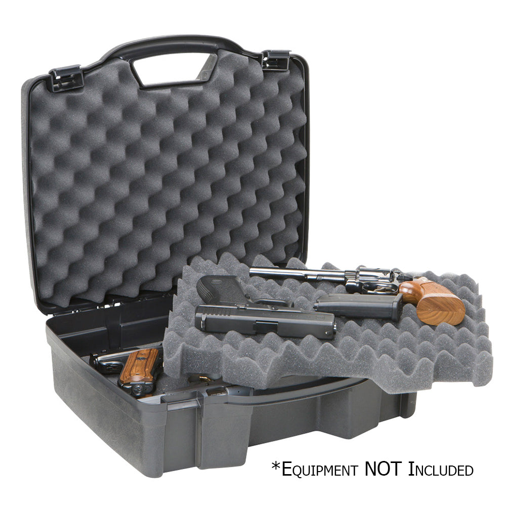 Plano Protector Series four-pistol case for hunting accessories, durable black plastic with foam interior for secure firearm storage.