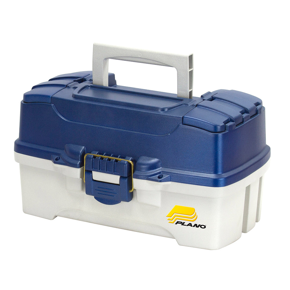 Plano 2-tray tackle box in blue metallic and off white with dual top access, ideal for fishing tackle storage.