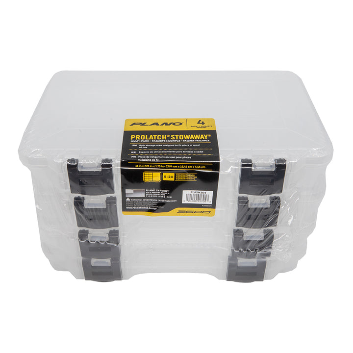 Plano 3650 ProLatch Stowaway tackle storage boxes, 4-pack, durable plastic organizer with secure latch for fishing gear.