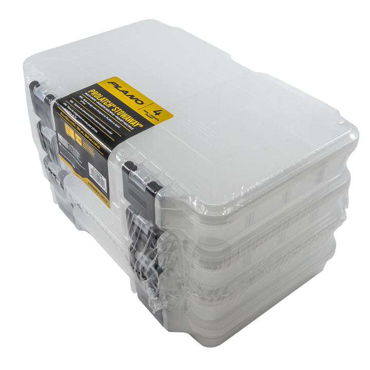 Plano 3650 ProLatch Stowaway tackle storage 4-pack with secure latches and multiple compartments for fishing gear organization.