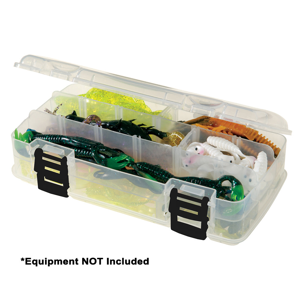 Plano Adjustable Double-Sided Stowaway Large 3500 tackle storage box in clear plastic with multiple compartments for organization.
