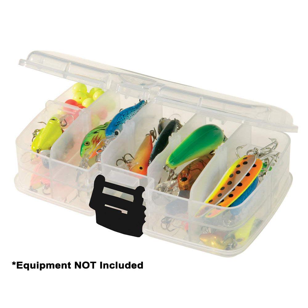 Plano Adjustable Double-Sided Stowaway Small 3400 tackle storage box in clear plastic, designed for organized fishing gear.