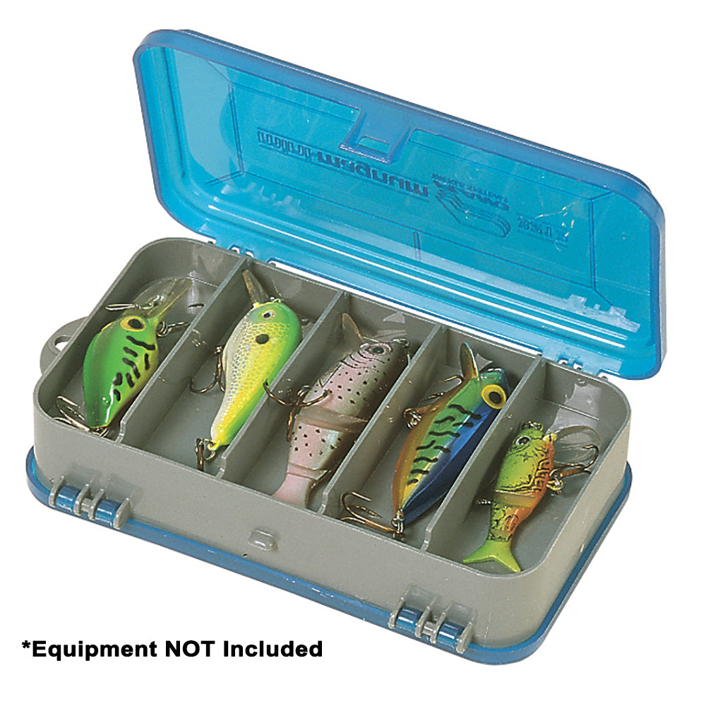 Plano double-sided tackle organizer small in silver and blue, compact tackle storage with multiple compartments for fishing gear.