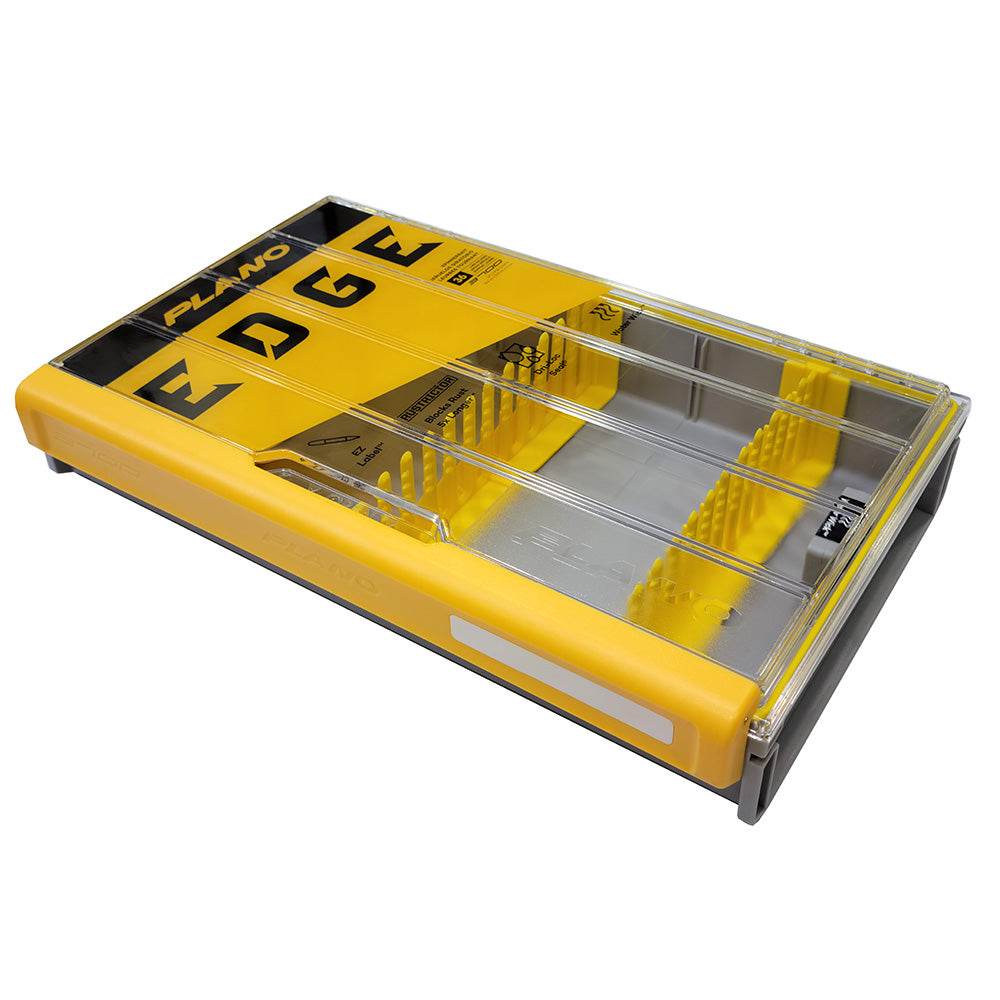 Plano EDGE 3700 Spinner Bait Box for tackle storage, with multiple compartments and secure latch, designed for fishing gear organization.