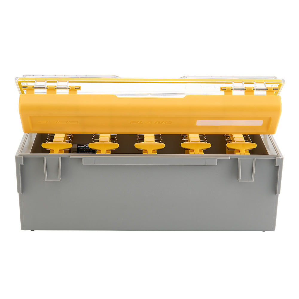 Plano EDGE Frog Box tackle storage with multiple compartments and secure latch for fishing gear organization.