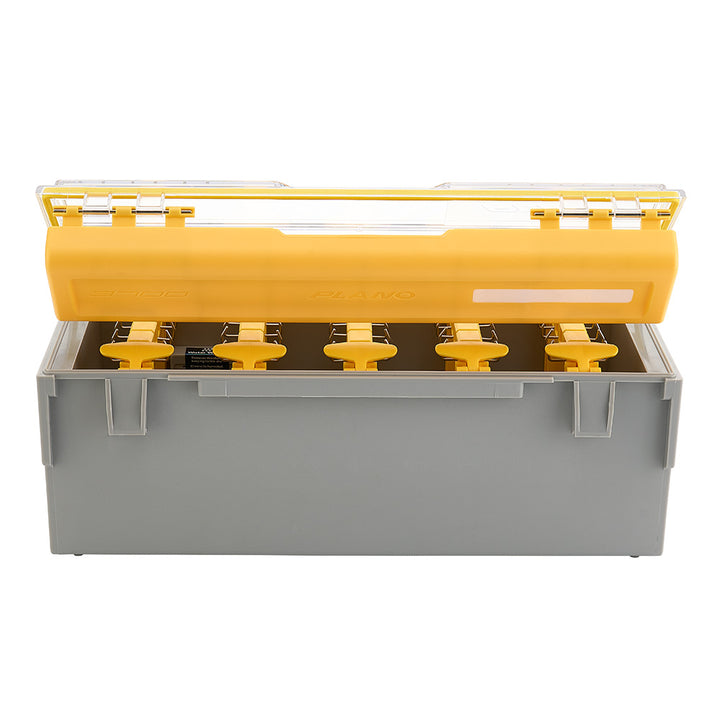 Plano EDGE Frog Box tackle storage with multiple compartments and secure latch for fishing gear organization.