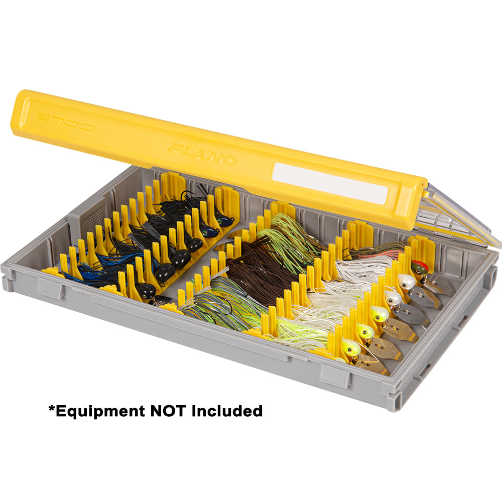 Plano EDGE Master Jig Bladed Jig tackle storage box with labeled compartments for fishing jigs and accessories.