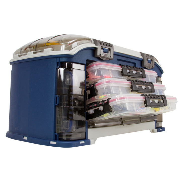 Plano Elite Series Angled Tackle System 3700 in blue, a versatile tackle storage container with multiple compartments.