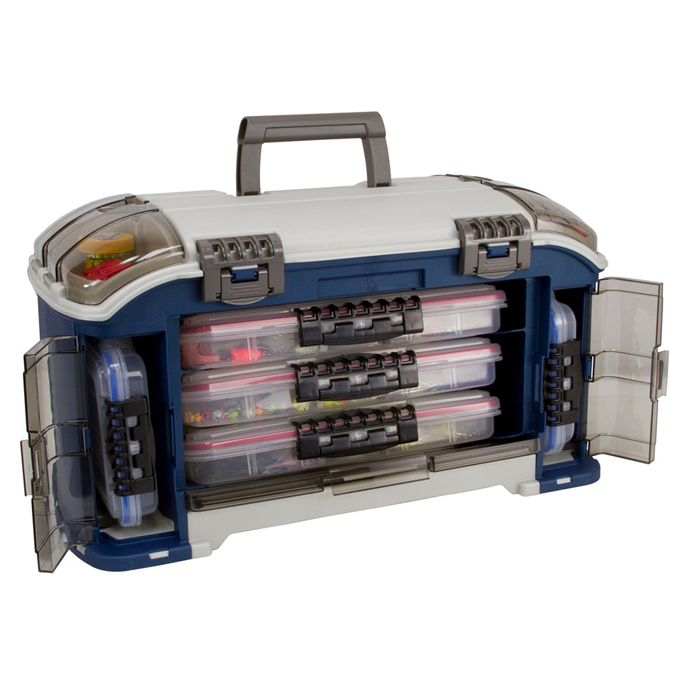 Plano Elite Series Angled Tackle System 3700 in blue, a spacious tackle storage box with multiple compartments for fishing gear.