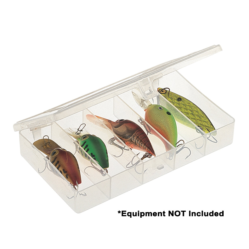 Plano Five-Compartment Stowaway 3400 tackle storage box in clear plastic with five compartments for organizing fishing gear.