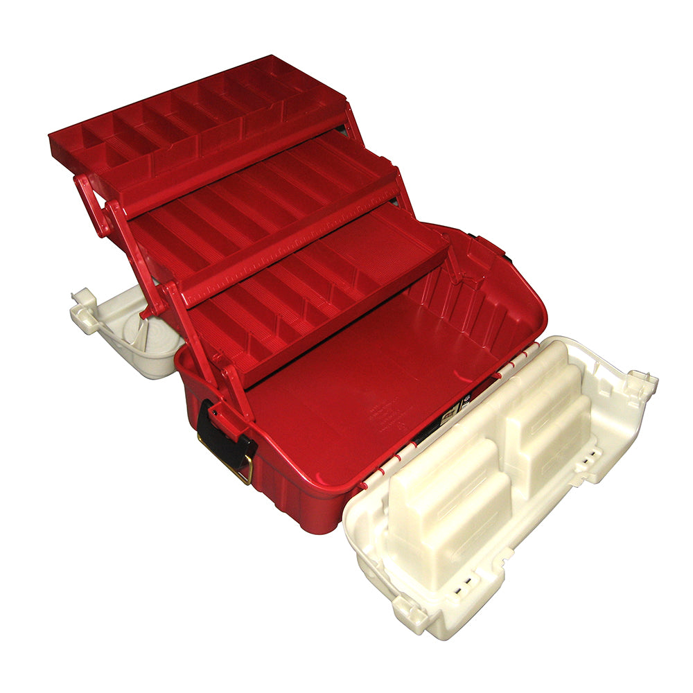Plano Flipsider three-tray tackle box for fishing storage, with multiple compartments and sturdy plastic construction.