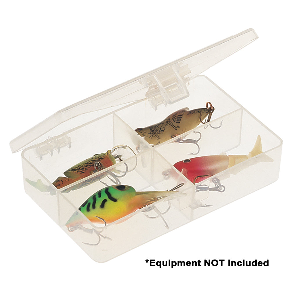 Clear Plano four-compartment tackle storage organizer for fishing gear with multiple compartments for easy organization.